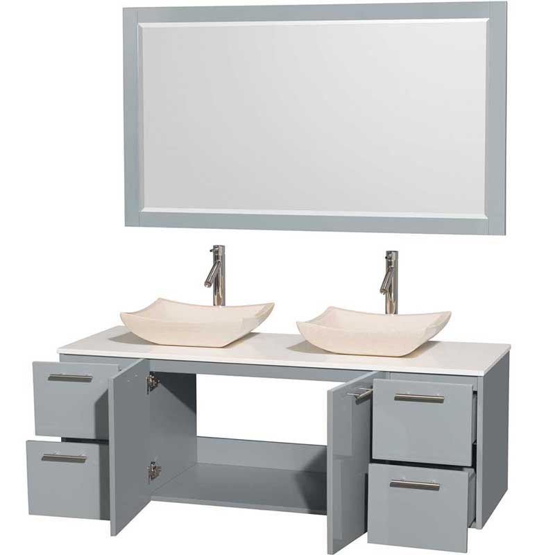 Amare 60" Double Bathroom Vanity in Dove Gray, White Man-Made Stone Countertop, Avalon Ivory Marble Sinks and 58" Mirror 2