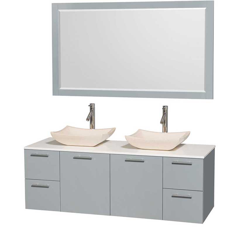 Amare 60" Double Bathroom Vanity in Dove Gray, White Man-Made Stone Countertop, Avalon Ivory Marble Sinks and 58" Mirror