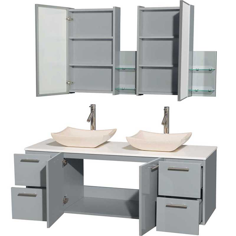 Amare 60" Double Bathroom Vanity in Dove Gray, White Man-Made Stone Countertop, Avalon Ivory Marble Sinks and Medicine Cabinet 2