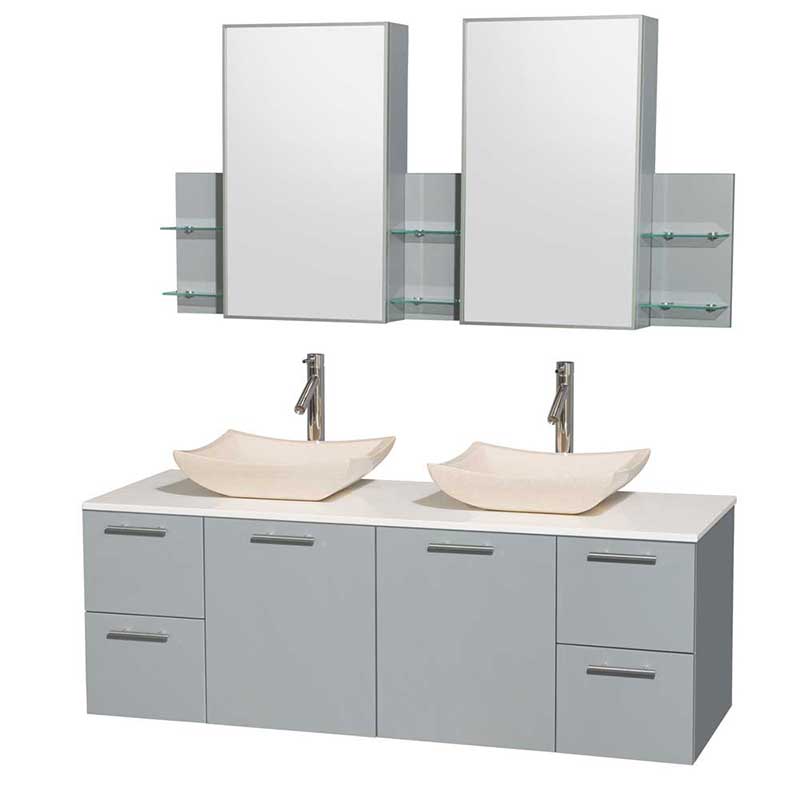 Amare 60" Double Bathroom Vanity in Dove Gray, White Man-Made Stone Countertop, Avalon Ivory Marble Sinks and Medicine Cabinet