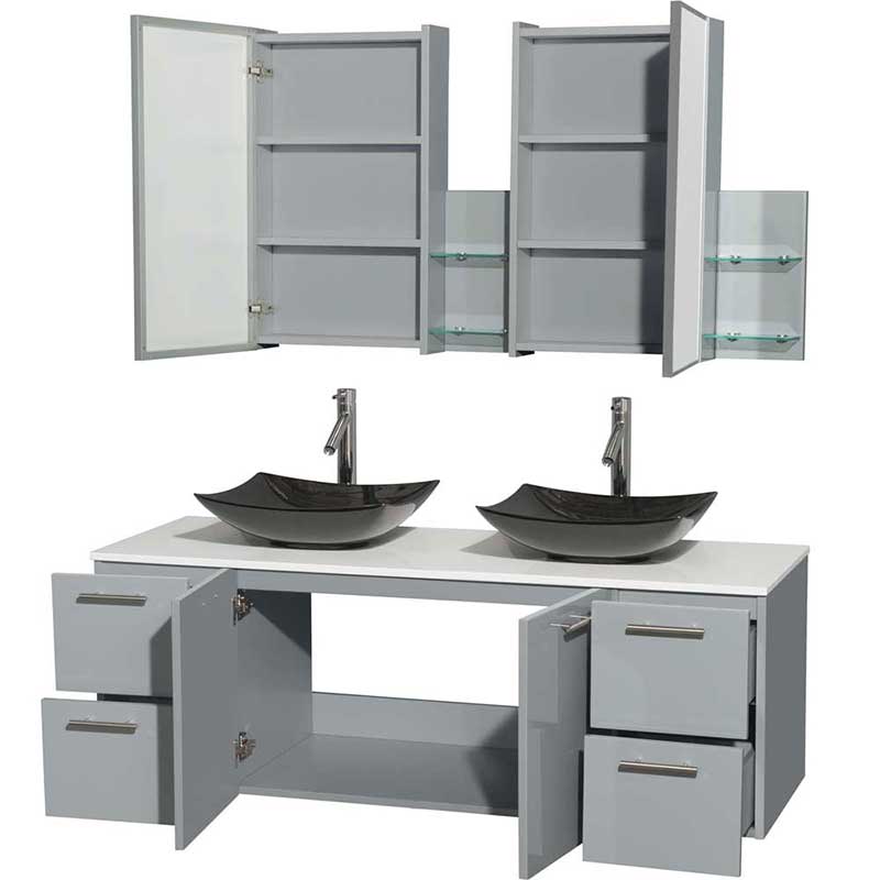 Amare 60" Double Bathroom Vanity in Dove Gray, White Man-Made Stone Countertop, Arista Black Granite Sinks and Medicine Cabinet 2