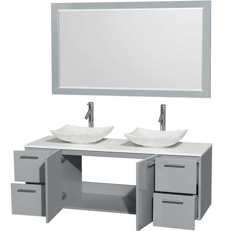 Amare 60" Double Bathroom Vanity in Dove Gray, White Man-Made Stone Countertop, Arista White Carrera Marble Sinks and 58" Mirror 2
