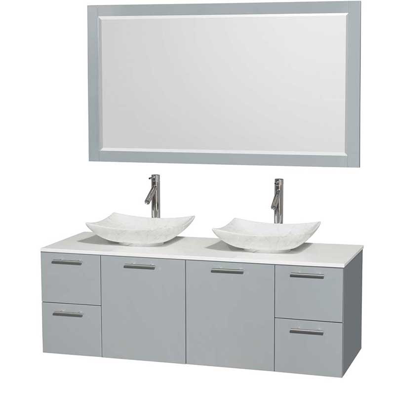 Amare 60" Double Bathroom Vanity in Dove Gray, White Man-Made Stone Countertop, Arista White Carrera Marble Sinks and 58" Mirror
