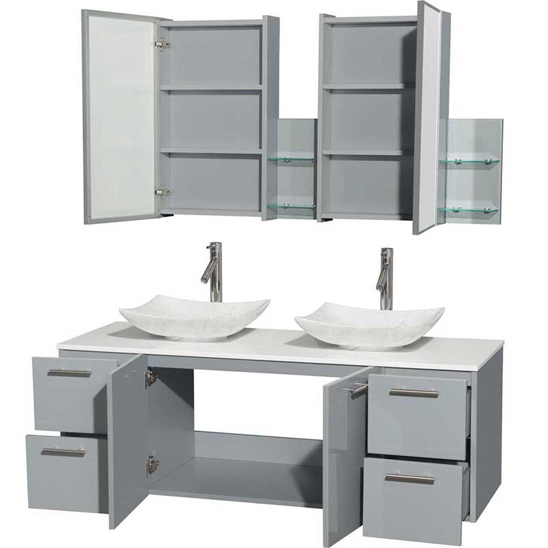 Amare 60" Double Bathroom Vanity in Dove Gray, White Man-Made Stone Countertop, Arista White Carrera Marble Sinks and Medicine Cabinet 2