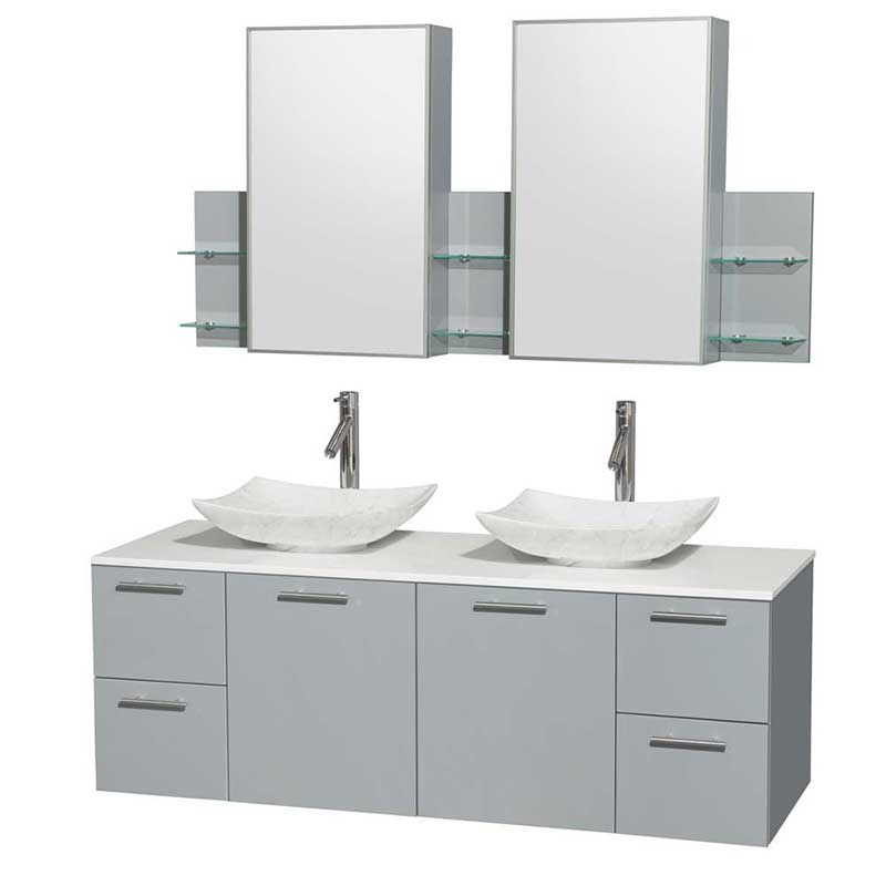 Amare 60" Double Bathroom Vanity in Dove Gray, White Man-Made Stone Countertop, Arista White Carrera Marble Sinks and Medicine Cabinet
