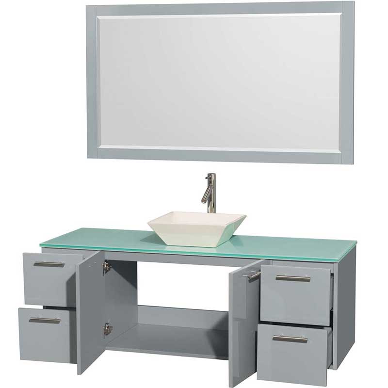 Amare 60" Single Bathroom Vanity in Dove Gray, Green Glass Countertop, Pyra Bone Porcelain Sink and 58" Mirror 2