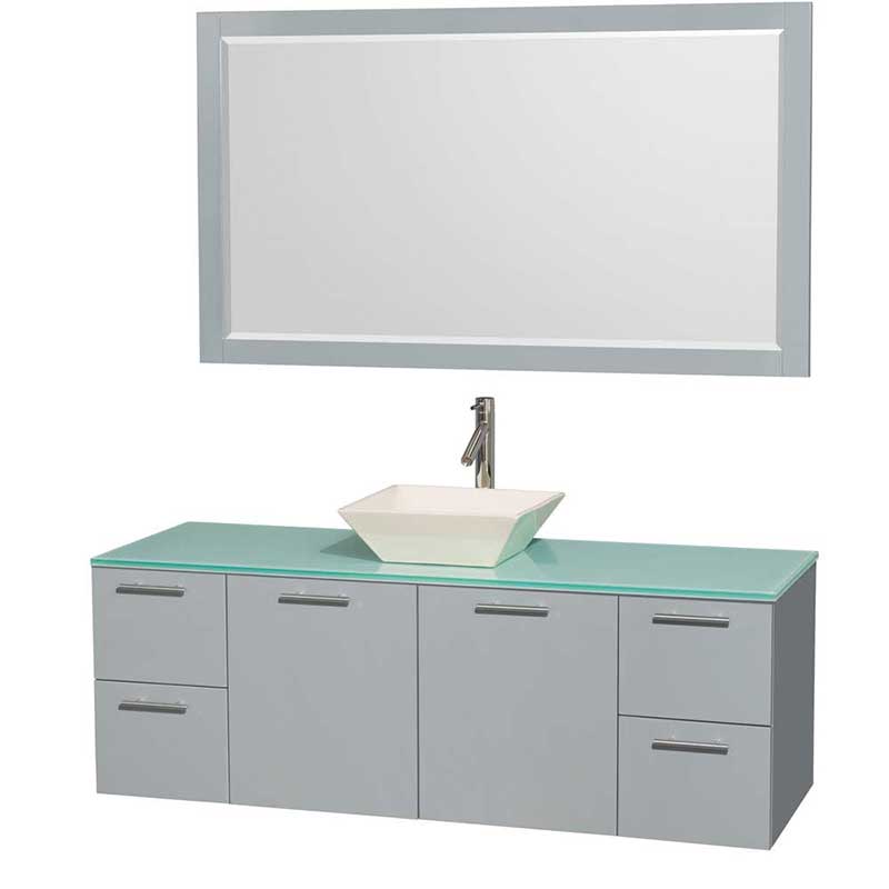 Amare 60" Single Bathroom Vanity in Dove Gray, Green Glass Countertop, Pyra Bone Porcelain Sink and 58" Mirror