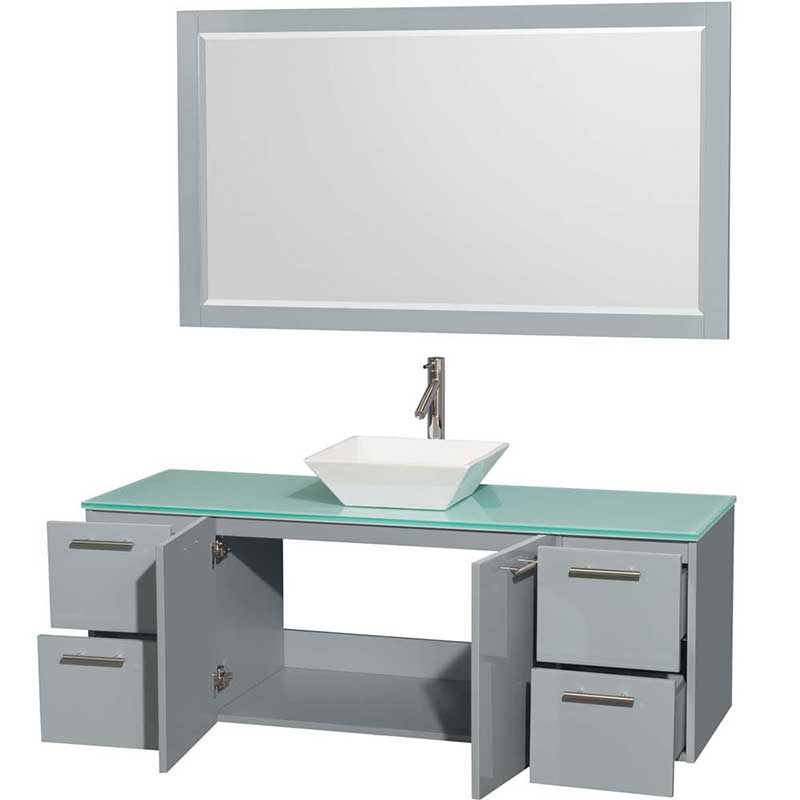Amare 60" Single Bathroom Vanity in Dove Gray, Green Glass Countertop, Pyra White Porcelain Sink and 58" Mirror 2