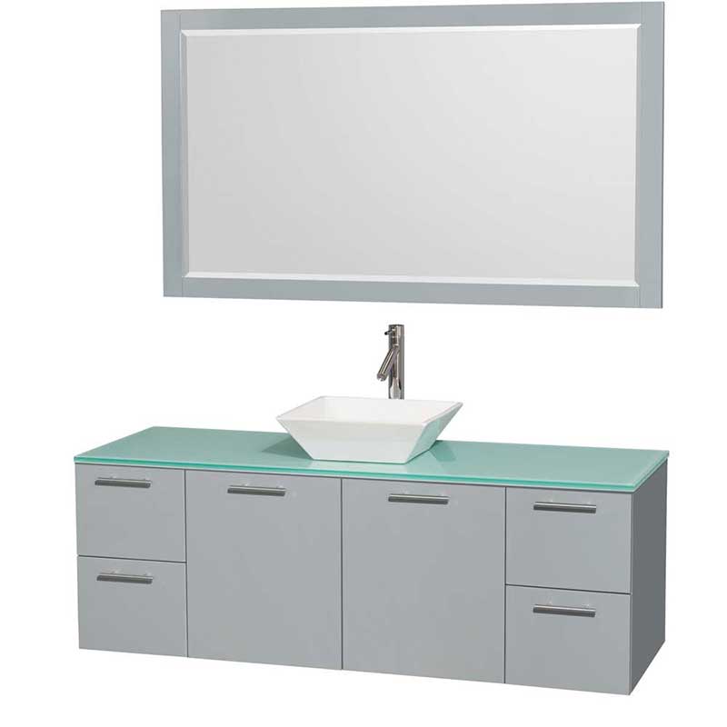 Amare 60" Single Bathroom Vanity in Dove Gray, Green Glass Countertop, Pyra White Porcelain Sink and 58" Mirror