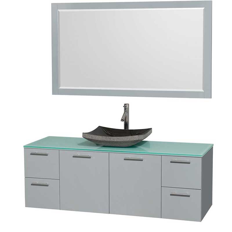 Amare 60" Single Bathroom Vanity in Dove Gray, Green Glass Countertop, Altair Black Granite Sink and 58" Mirror