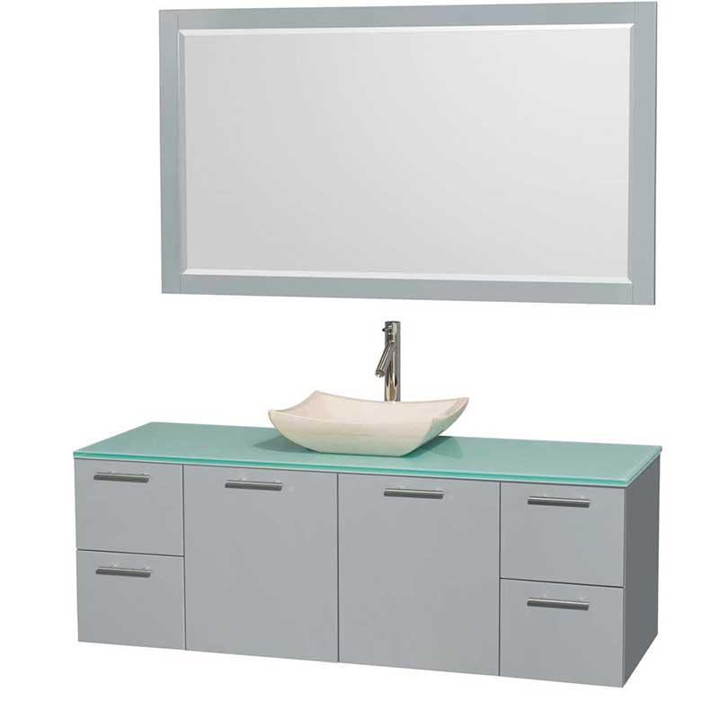 Amare 60" Single Bathroom Vanity in Dove Gray, Green Glass Countertop, Avalon Ivory Marble Sink and 58" Mirror