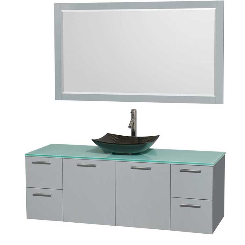 Amare 60" Single Bathroom Vanity in Dove Gray, Green Glass Countertop, Arista Black Granite Sink and 58" Mirror