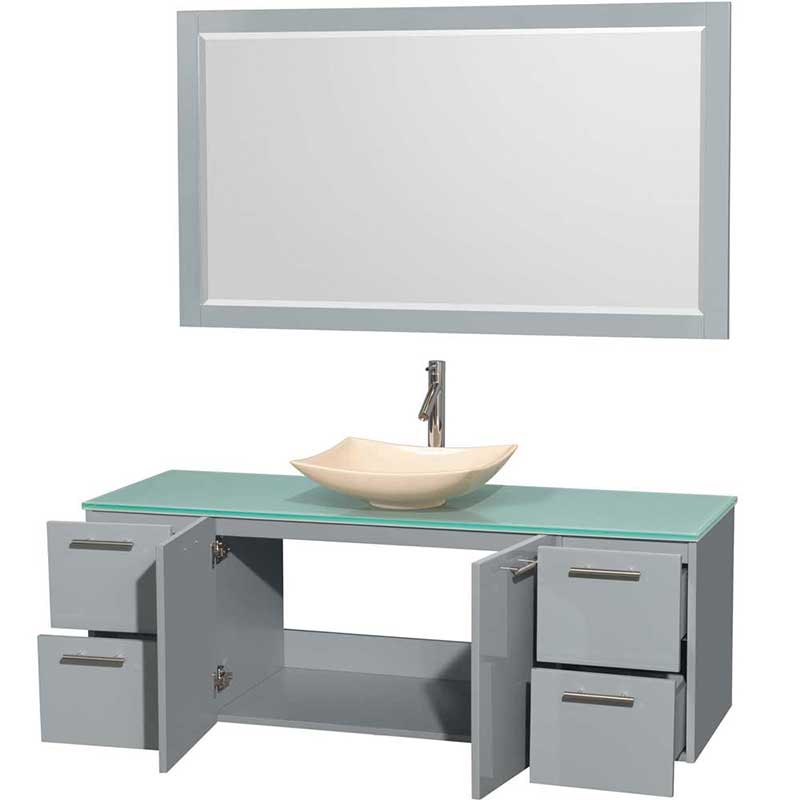Amare 60" Single Bathroom Vanity in Dove Gray, Green Glass Countertop, Arista Ivory Marble Sink and 58" Mirror 2