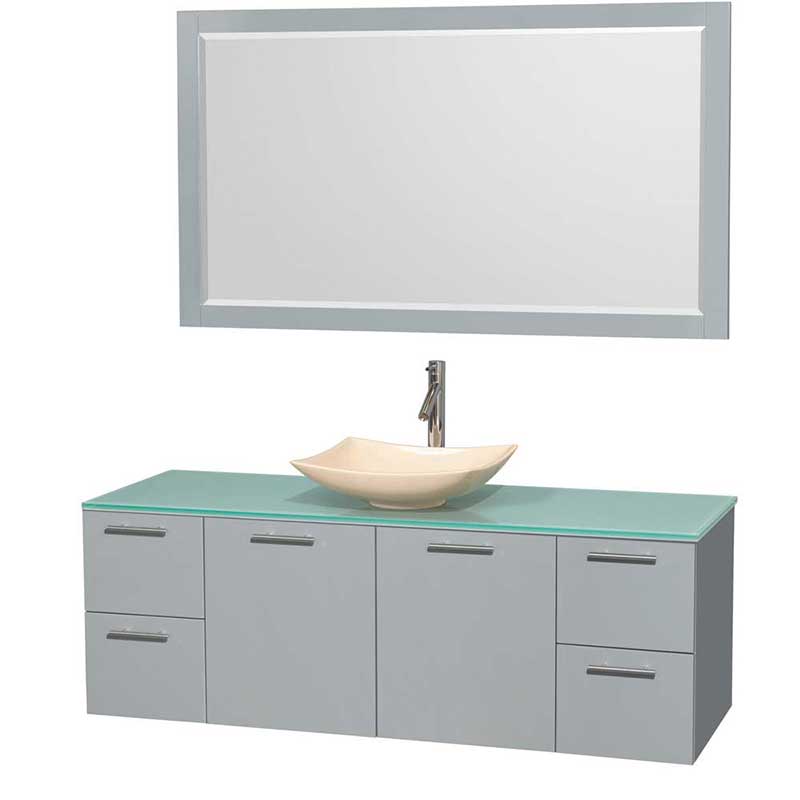 Amare 60" Single Bathroom Vanity in Dove Gray, Green Glass Countertop, Arista Ivory Marble Sink and 58" Mirror
