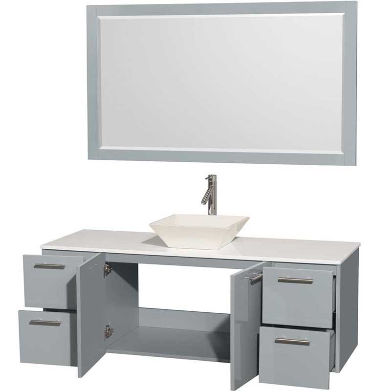 Amare 60" Single Bathroom Vanity in Dove Gray, White Man-Made Stone Countertop, Pyra Bone Porcelain Sink and 58" Mirror 2