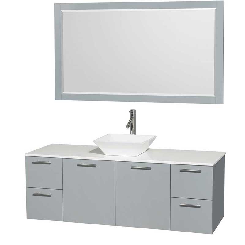Amare 60" Single Bathroom Vanity in Dove Gray, White Man-Made Stone Countertop, Pyra White Porcelain Sink and 58" Mirror