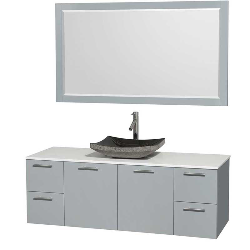 Amare 60" Single Bathroom Vanity in Dove Gray, White Man-Made Stone Countertop, Altair Black Granite Sink and 58" Mirror