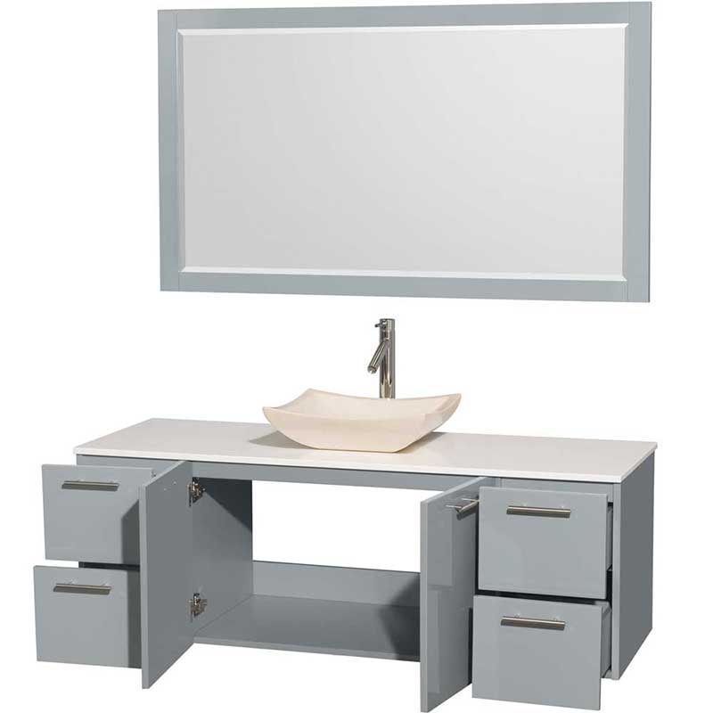 Amare 60" Single Bathroom Vanity in Dove Gray, White Man-Made Stone Countertop, Avalon Ivory Marble Sink and 58" Mirror 2