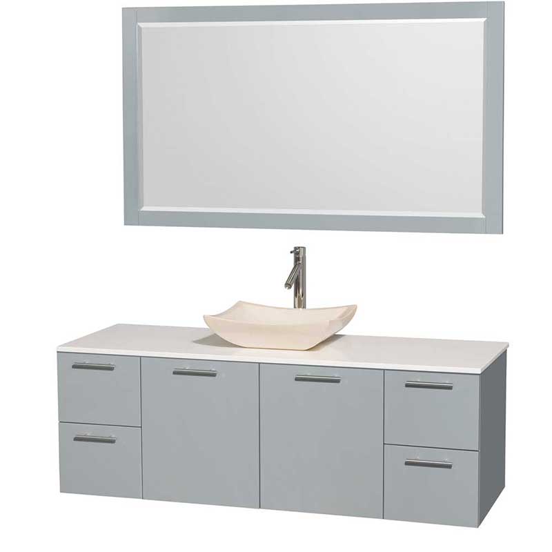 Amare 60" Single Bathroom Vanity in Dove Gray, White Man-Made Stone Countertop, Avalon Ivory Marble Sink and 58" Mirror