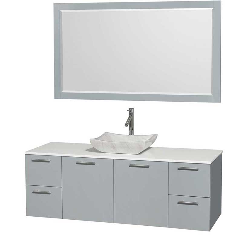 Amare 60" Single Bathroom Vanity in Dove Gray, White Man-Made Stone Countertop, Avalon White Carrera Marble Sink and 58" Mirror