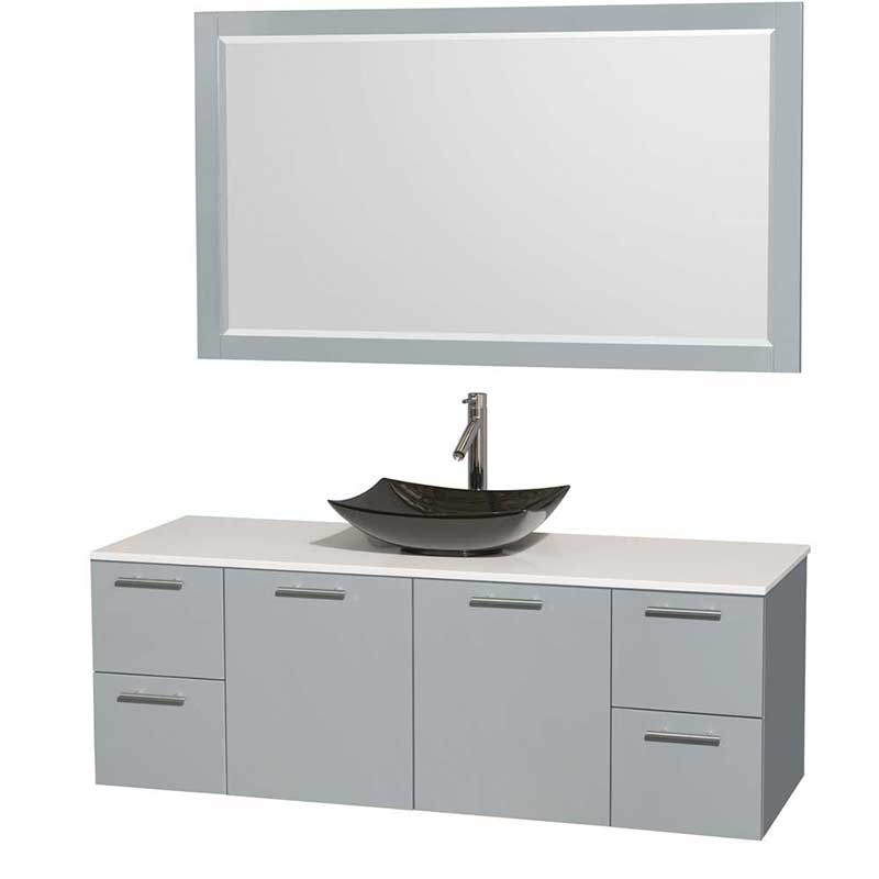 Amare 60" Single Bathroom Vanity in Dove Gray, White Man-Made Stone Countertop, Arista Black Granite Sink and 58" Mirror