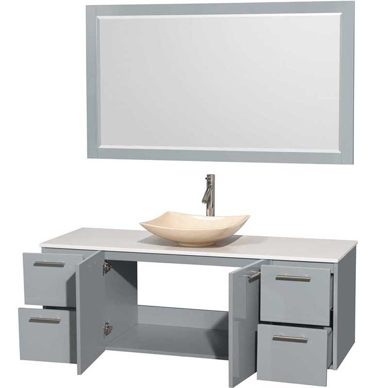 Amare 60" Single Bathroom Vanity in Dove Gray, White Man-Made Stone Countertop, Arista Ivory Marble Sink and 58" Mirror 2