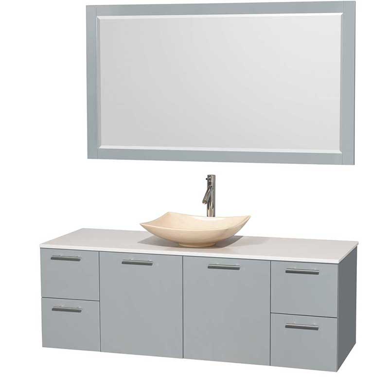 Amare 60" Single Bathroom Vanity in Dove Gray, White Man-Made Stone Countertop, Arista Ivory Marble Sink and 58" Mirror
