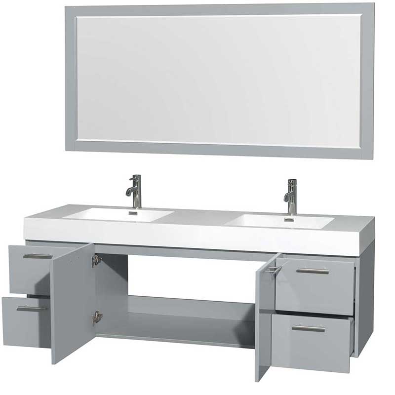 Amare 72" Double Bathroom Vanity in Dove Gray, Acrylic Resin Countertop, Integrated Sinks and 70" Mirror 2