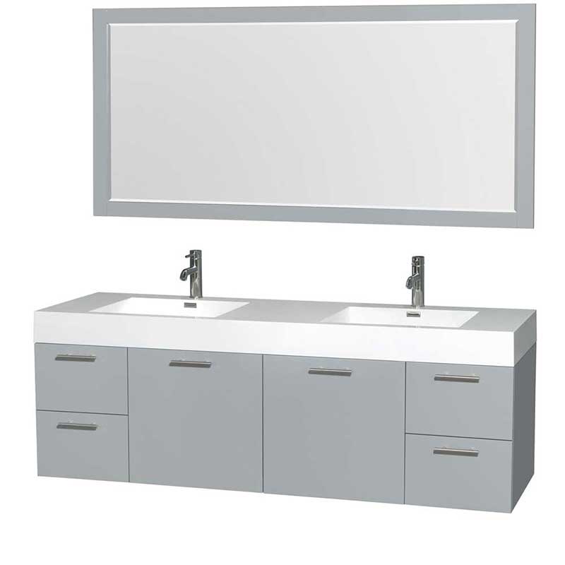 Amare 72" Double Bathroom Vanity in Dove Gray, Acrylic Resin Countertop, Integrated Sinks and 70" Mirror