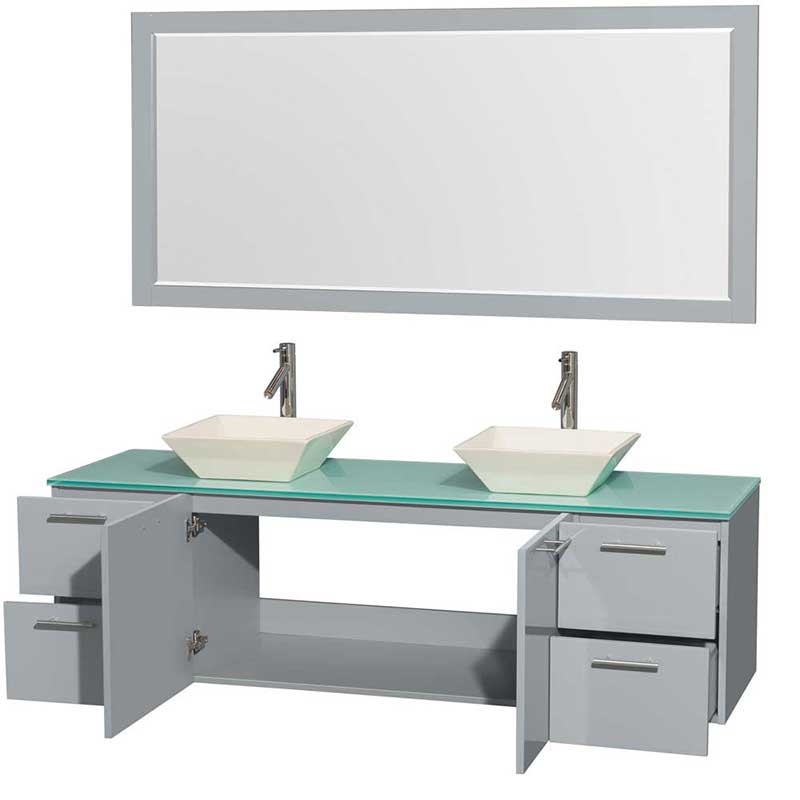 Amare 72" Double Bathroom Vanity in Dove Gray, Green Glass Countertop, Pyra Bone Porcelain Sinks and 70" Mirror 2