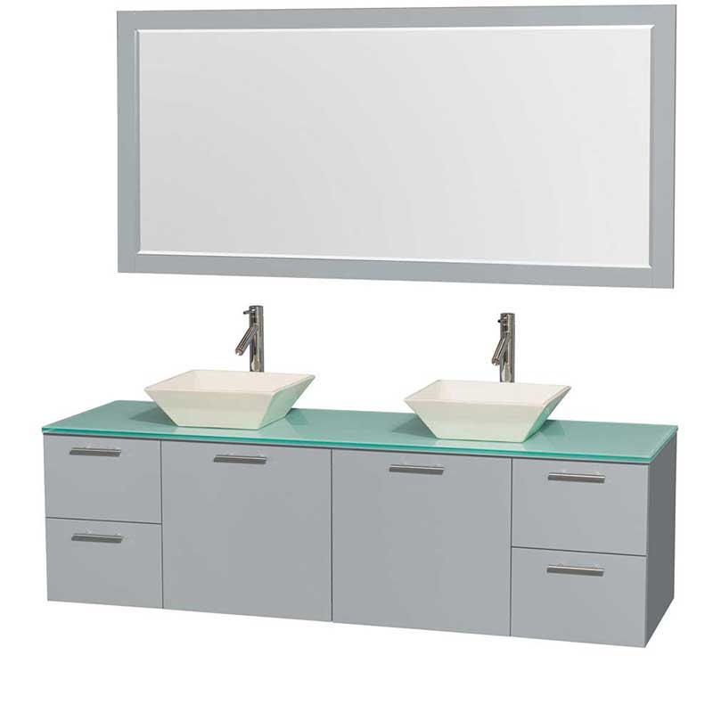 Amare 72" Double Bathroom Vanity in Dove Gray, Green Glass Countertop, Pyra Bone Porcelain Sinks and 70" Mirror