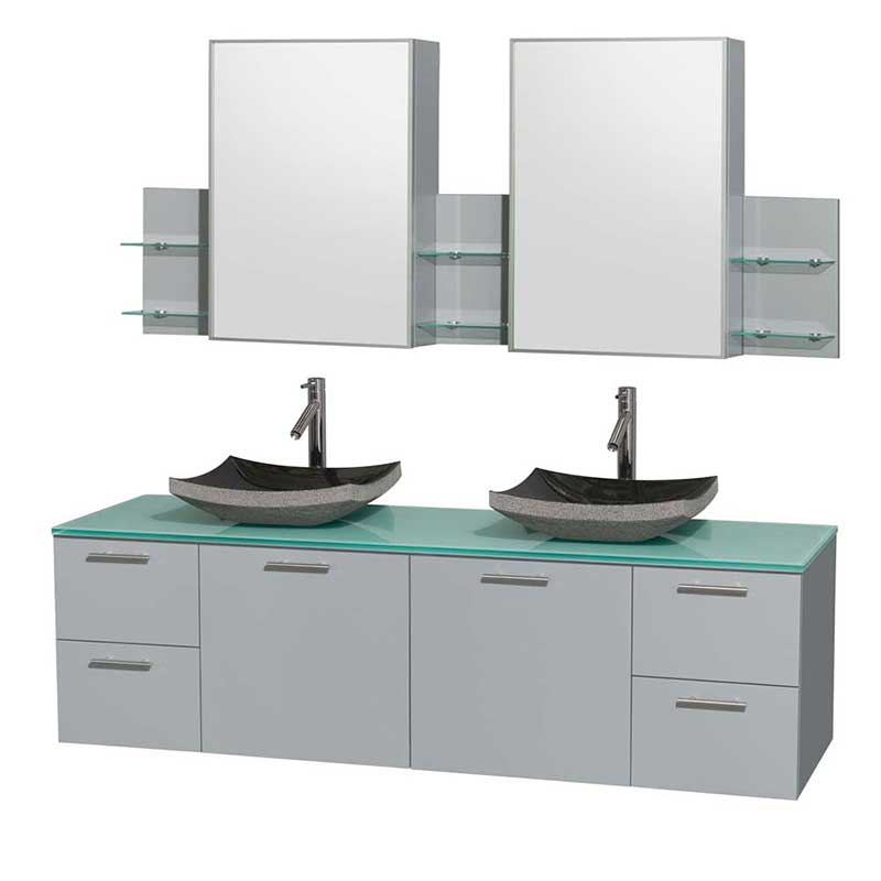 Amare 72" Double Bathroom Vanity in Dove Gray, Green Glass Countertop, Altair Black Granite Sinks and Medicine Cabinet