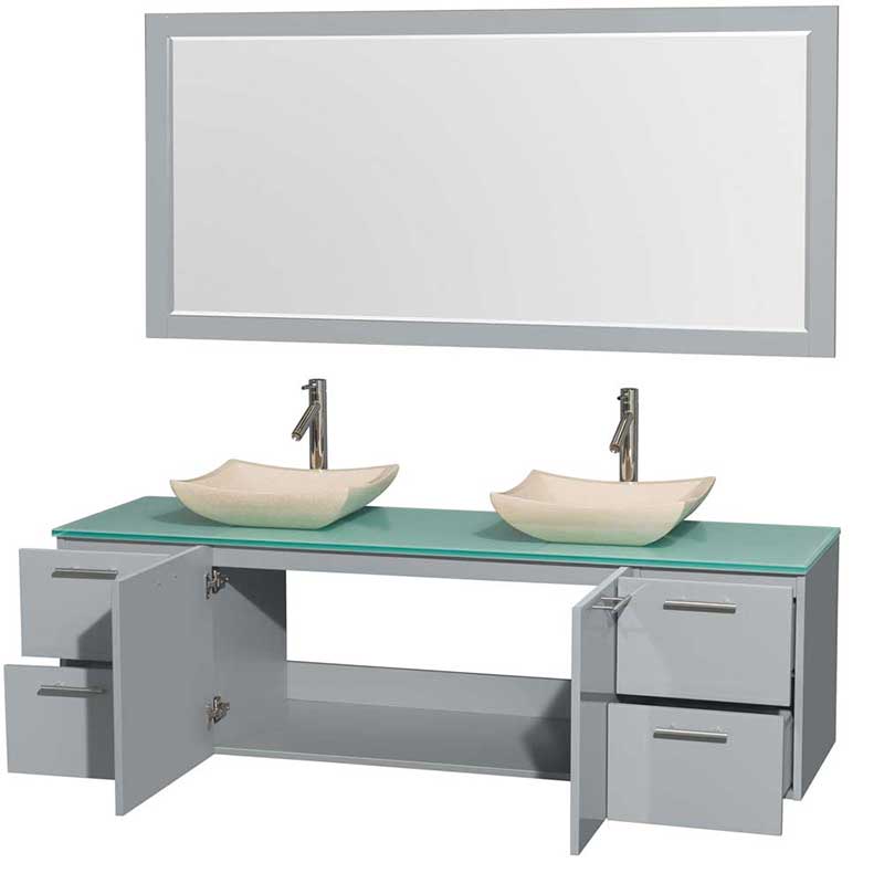 Amare 72" Double Bathroom Vanity in Dove Gray, Green Glass Countertop, Avalon Ivory Marble Sinks and 70" Mirror 2