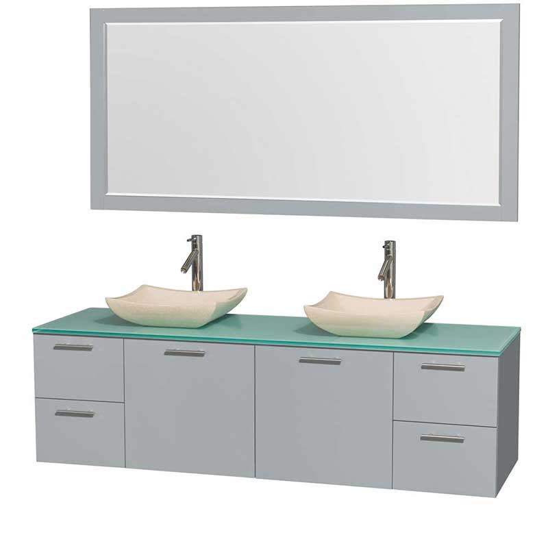 Amare 72" Double Bathroom Vanity in Dove Gray, Green Glass Countertop, Avalon Ivory Marble Sinks and 70" Mirror