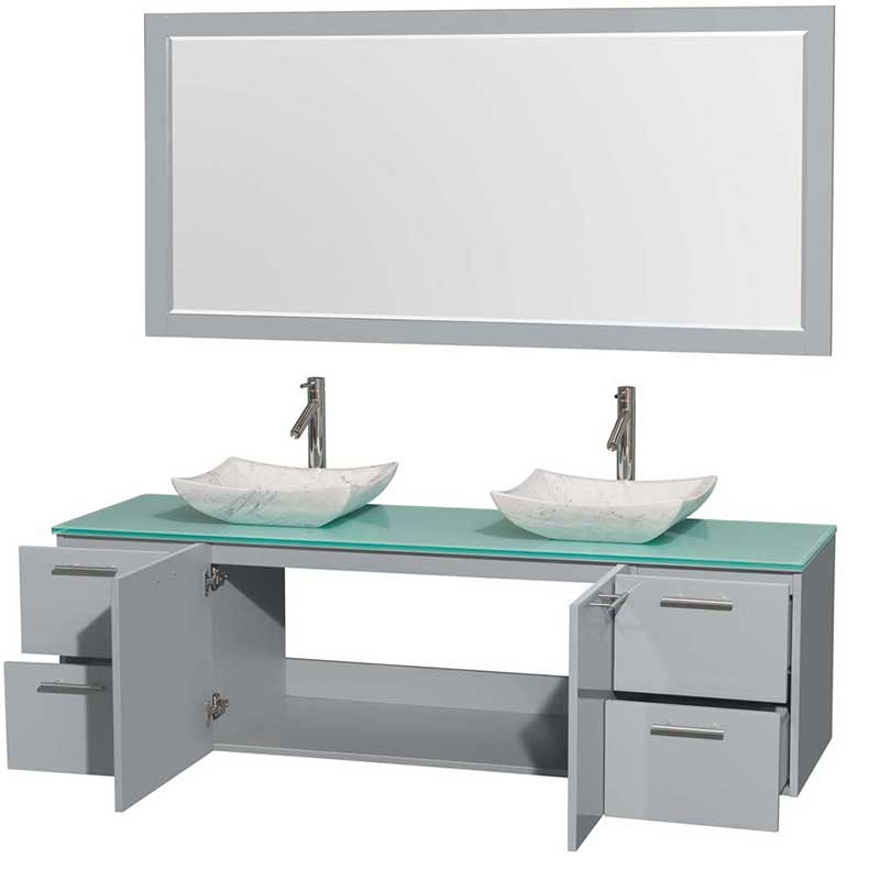 Amare 72" Double Bathroom Vanity in Dove Gray, Green Glass Countertop, Avalon White Carrera Marble Sinks and 70" Mirror 2