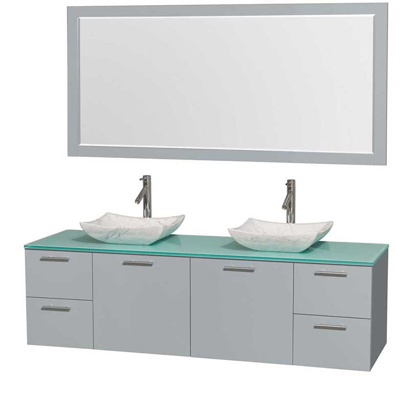 Amare 72" Double Bathroom Vanity in Dove Gray, Green Glass Countertop, Avalon White Carrera Marble Sinks and 70" Mirror