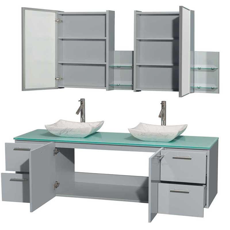 Amare 72" Double Bathroom Vanity in Dove Gray, Green Glass Countertop, Avalon White Carrera Marble Sinks and Medicine Cabinet 2