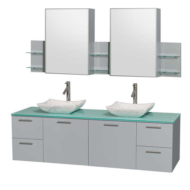 Amare 72" Double Bathroom Vanity in Dove Gray, Green Glass Countertop, Avalon White Carrera Marble Sinks and Medicine Cabinet