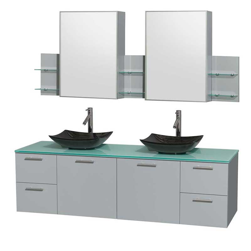 Amare 72" Double Bathroom Vanity in Dove Gray, Green Glass Countertop, Arista Black Granite Sinks and Medicine Cabinet
