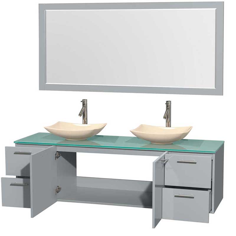 Amare 72" Double Bathroom Vanity in Dove Gray, Green Glass Countertop, Arista Ivory Marble Sinks and 70" Mirror 2