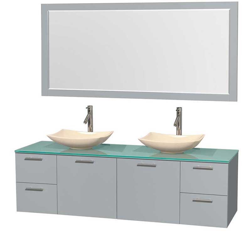 Amare 72" Double Bathroom Vanity in Dove Gray, Green Glass Countertop, Arista Ivory Marble Sinks and 70" Mirror