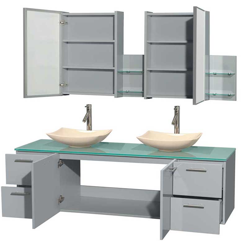 Amare 72" Double Bathroom Vanity in Dove Gray, Green Glass Countertop, Arista Ivory Marble Sinks and Medicine Cabinet 2
