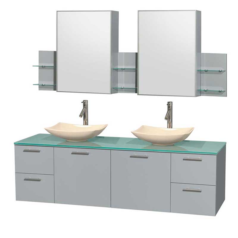 Amare 72" Double Bathroom Vanity in Dove Gray, Green Glass Countertop, Arista Ivory Marble Sinks and Medicine Cabinet