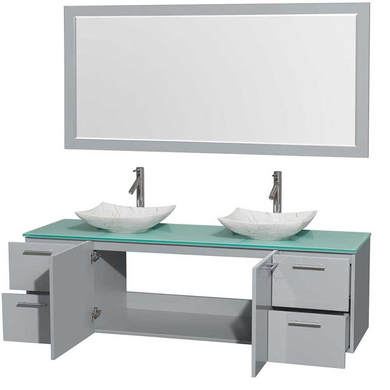 Amare 72" Double Bathroom Vanity in Dove Gray, Green Glass Countertop, Arista White Carrera Marble Sinks and 70" Mirror 2
