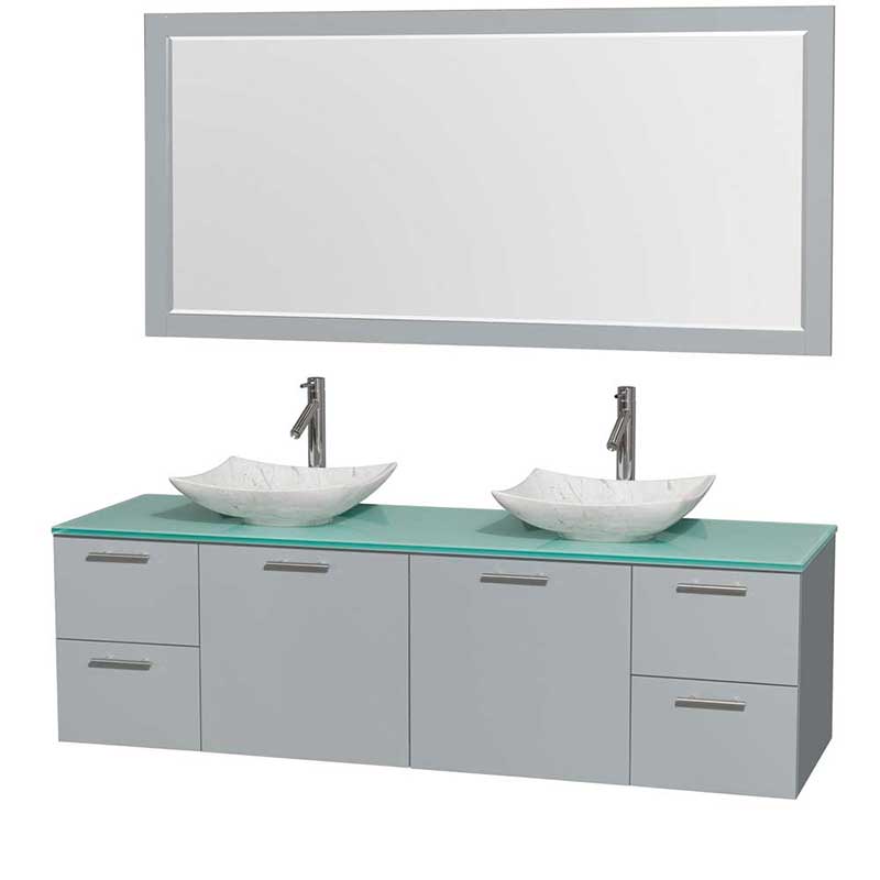 Amare 72" Double Bathroom Vanity in Dove Gray, Green Glass Countertop, Arista White Carrera Marble Sinks and 70" Mirror