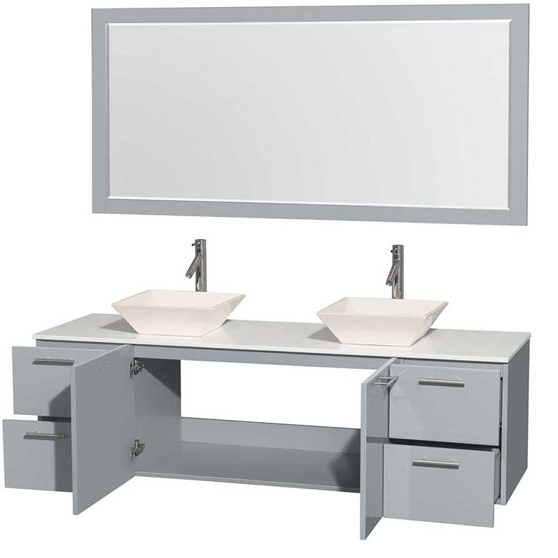 Amare 72" Double Bathroom Vanity in Dove Gray, White Man-Made Stone Countertop, Pyra Bone Porcelain Sinks and 70" Mirror 2