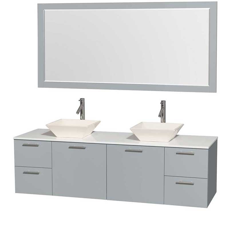 Amare 72" Double Bathroom Vanity in Dove Gray, White Man-Made Stone Countertop, Pyra Bone Porcelain Sinks and 70" Mirror