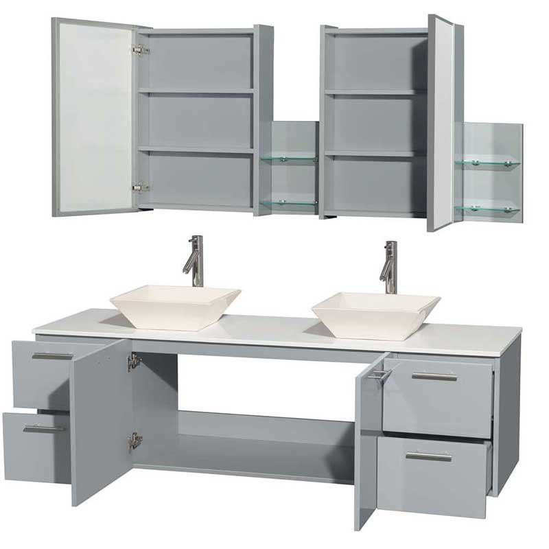 Amare 72" Double Bathroom Vanity in Dove Gray, White Man-Made Stone Countertop, Pyra Bone Porcelain Sinks and Medicine Cabinet 2