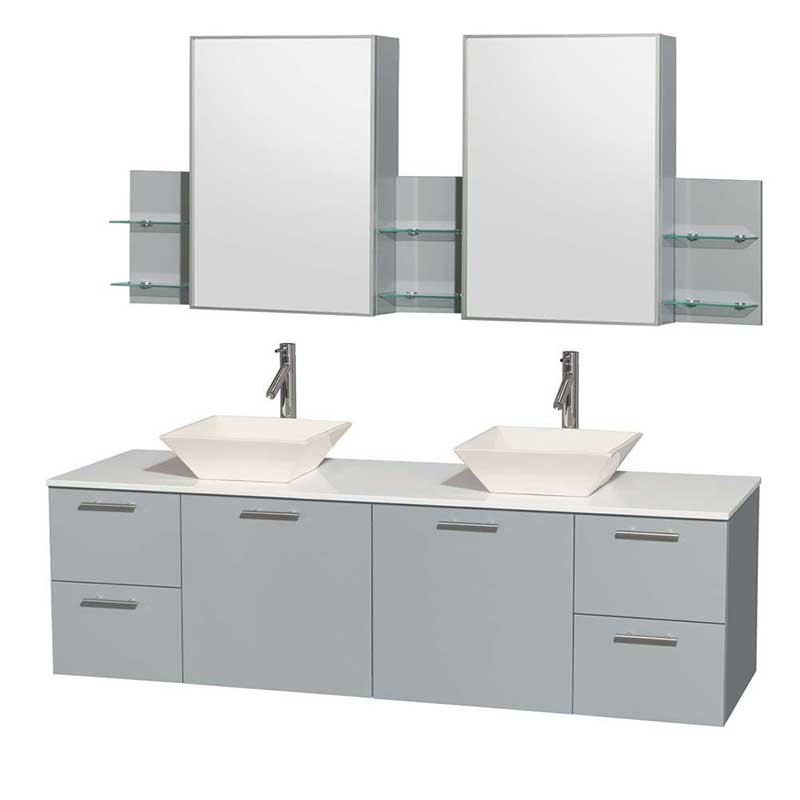 Amare 72" Double Bathroom Vanity in Dove Gray, White Man-Made Stone Countertop, Pyra Bone Porcelain Sinks and Medicine Cabinet