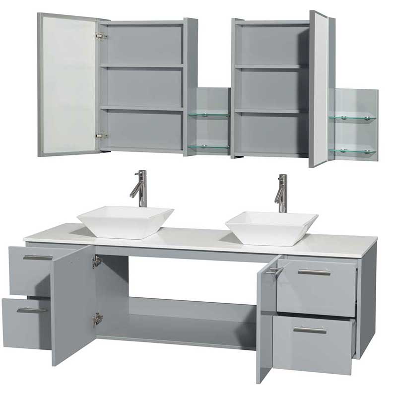 Amare 72" Double Bathroom Vanity in Dove Gray, White Man-Made Stone Countertop, Pyra White Porcelain Sinks and Medicine Cabinet 2